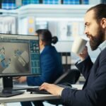 Photovoltaics factory worker monitors system performance, drinking coffee