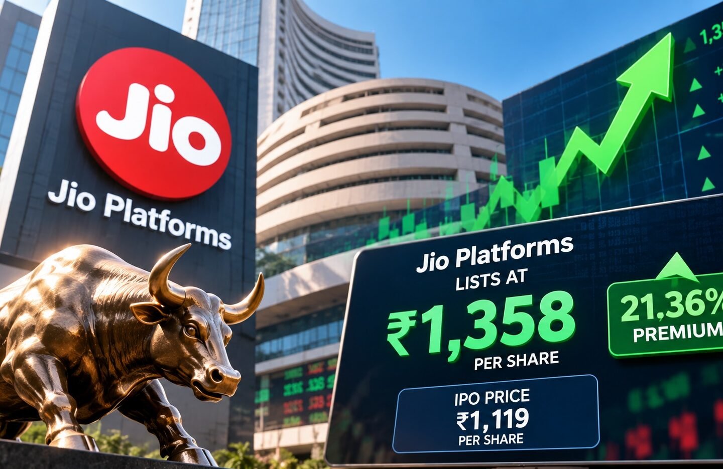 Jio Platforms Makes Strong Stock Market Debut at ₹1,358, Lists at 21.36% Premium